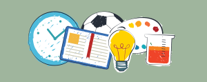 Title-I-PreK-Toolkit-Book_featuredImage - Mississippi First Collection of school supplies: clock, notebook, soccer ball, paint palette, light bulb, and beaker on a green background.